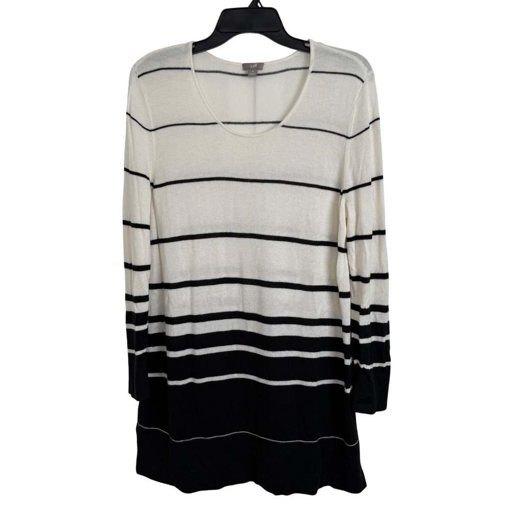 J Jill Striped Tunic Sweater Medium Black Cream Long Sleeve Soft Minimalist